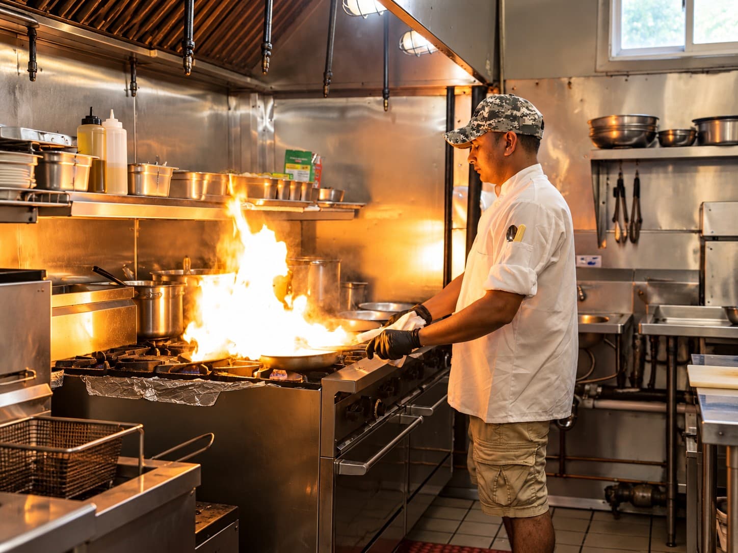 Chef Amrit Pal Singh in a cap and chef's whites at the range in Angel's kitchen, flames leaping from the pan he is working