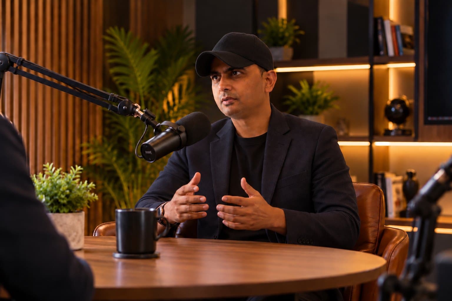 Chef Amrit Pal Singh in a black cap and blazer, speaking into a studio microphone during an interview