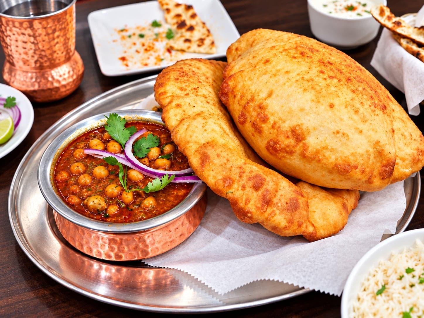Chole bhatura at Angel: a copper bowl of spiced chickpeas topped with red onion and coriander, beside two golden puffed bhature on a steel platter