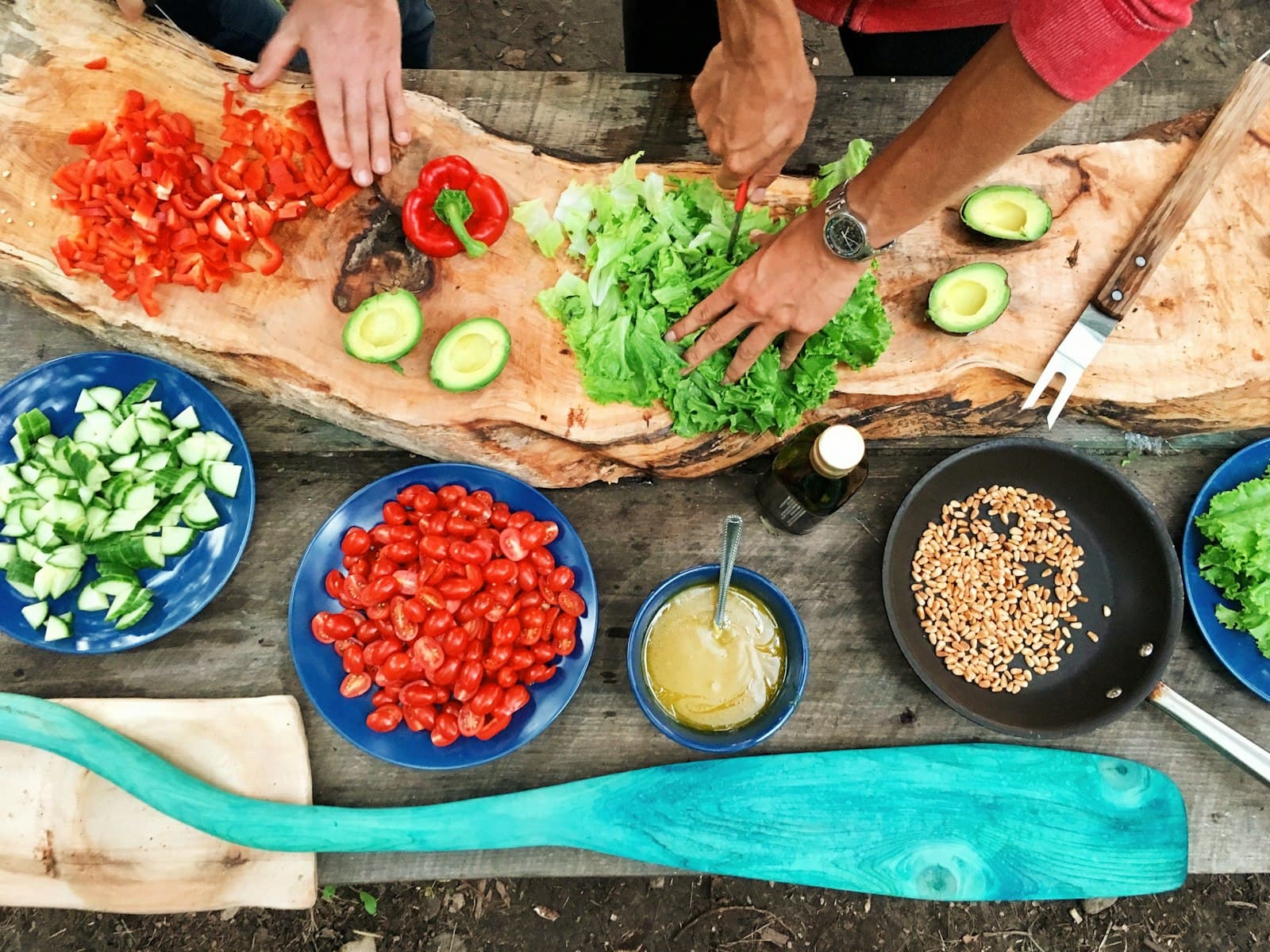 Overhead of vegetables being prepped