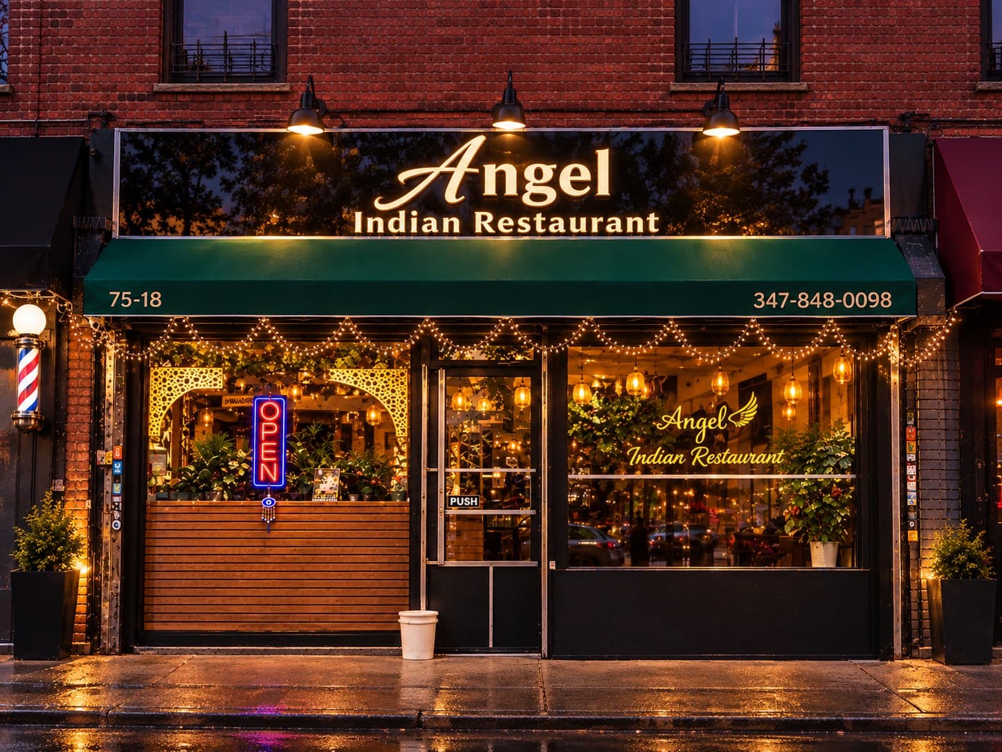 Angel Indian Restaurant at dusk: the lit sign under three lamps, the green awning with the street number and telephone number, and glowing windows strung with lights