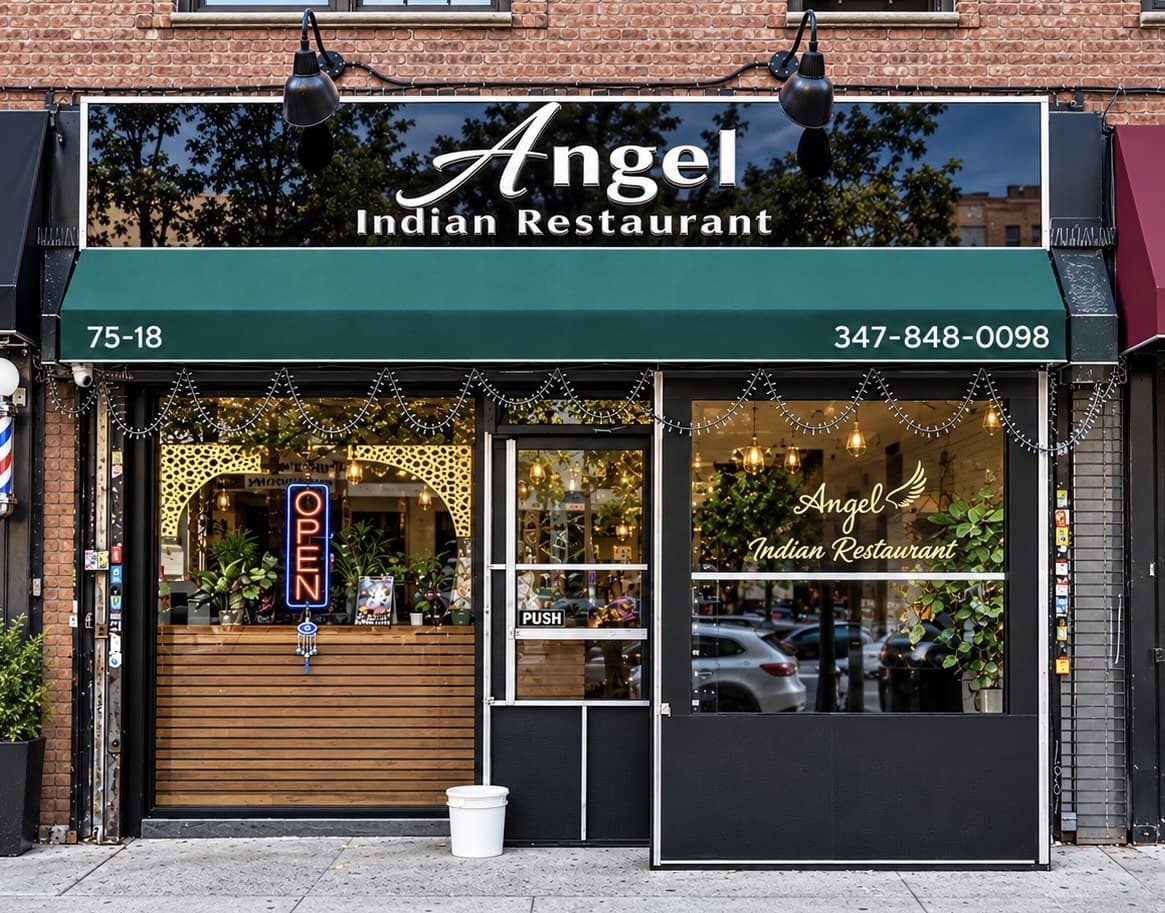 The front of Angel Indian Restaurant at 75-18 37th Avenue: the gold script sign under two lamps, a green awning with the street number and telephone number, and the lit windows and glass door