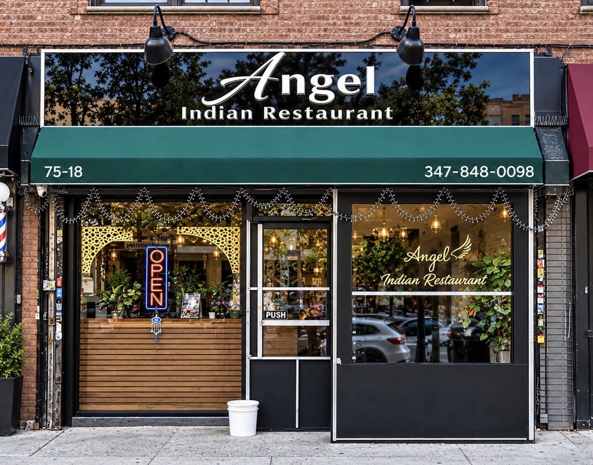 The front of Angel Indian Restaurant at 75-18 37th Avenue: the gold script sign under two lamps, a green awning with the street number and telephone number, and the lit windows and glass door